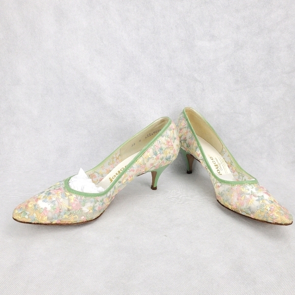 Vtg Floral Lace Joyce Heels Pastel California Sz 8 - Picture 2 of 13